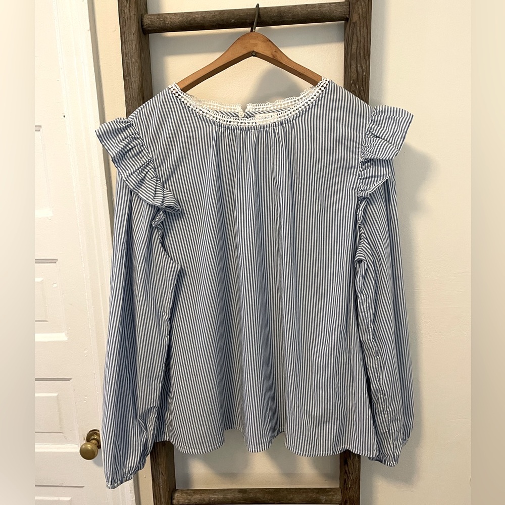 J Crew Factory 100% Cotton Blue & White Striped Ruffled Blouse Sz XL
